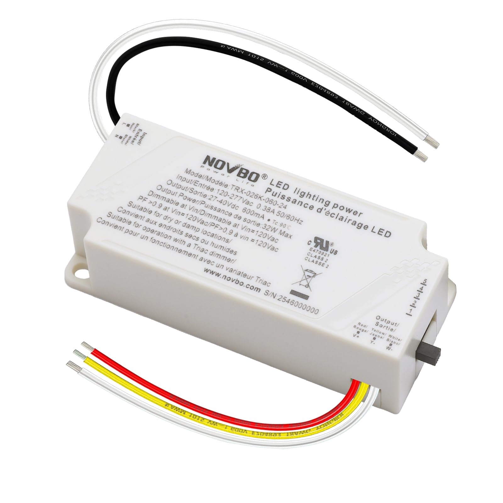 NOVBO TRIAC Dimmable LED Driver 26W 600mA 5CCT Constant Current Class 2 Power Supply AC 120-277V to DC 27-40V Transformer Flicke