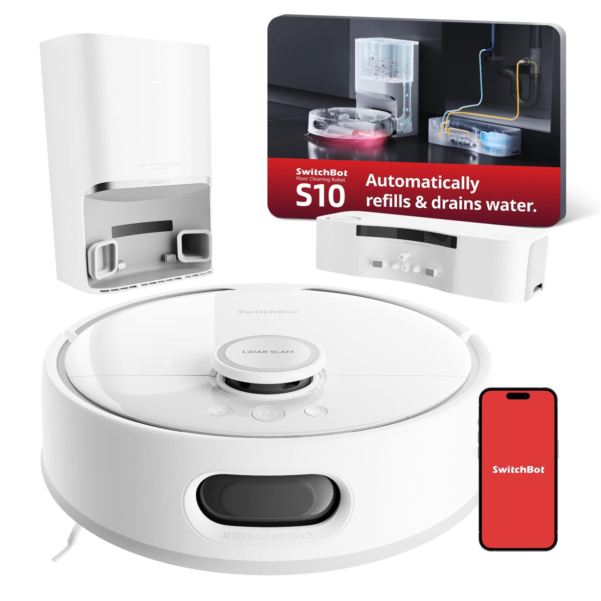 Switchbot S10 Robot Vacuum And Mop With Dual Stations, Self Draining And Self Refilling, Auto Mop Washing/Drying, Liftable Mop,