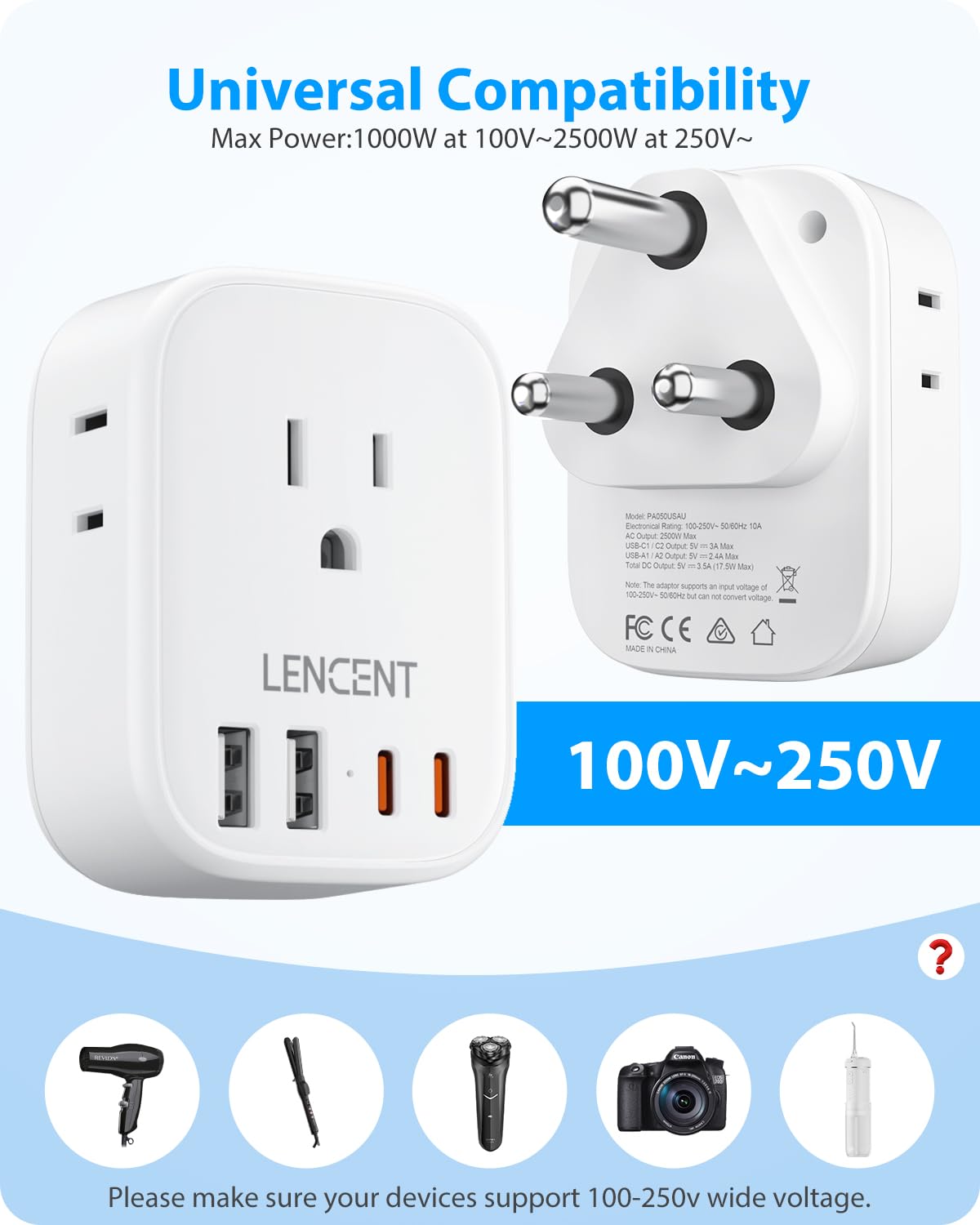 Lencent South Africa Power Adapter, South Africa Grounded Travel Adaptor With 4 American Outlets, 4 Usb Charger(2 Usb C), Type M