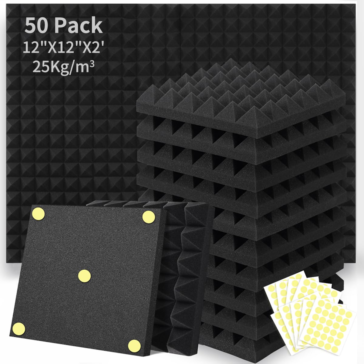 Focusound 50 Packs Acoustic Foam Panels Pyramid 2'' X 12'' X 12'', Soundproofing Foam Noise Cancelling Foam With 300 Pcs Double 