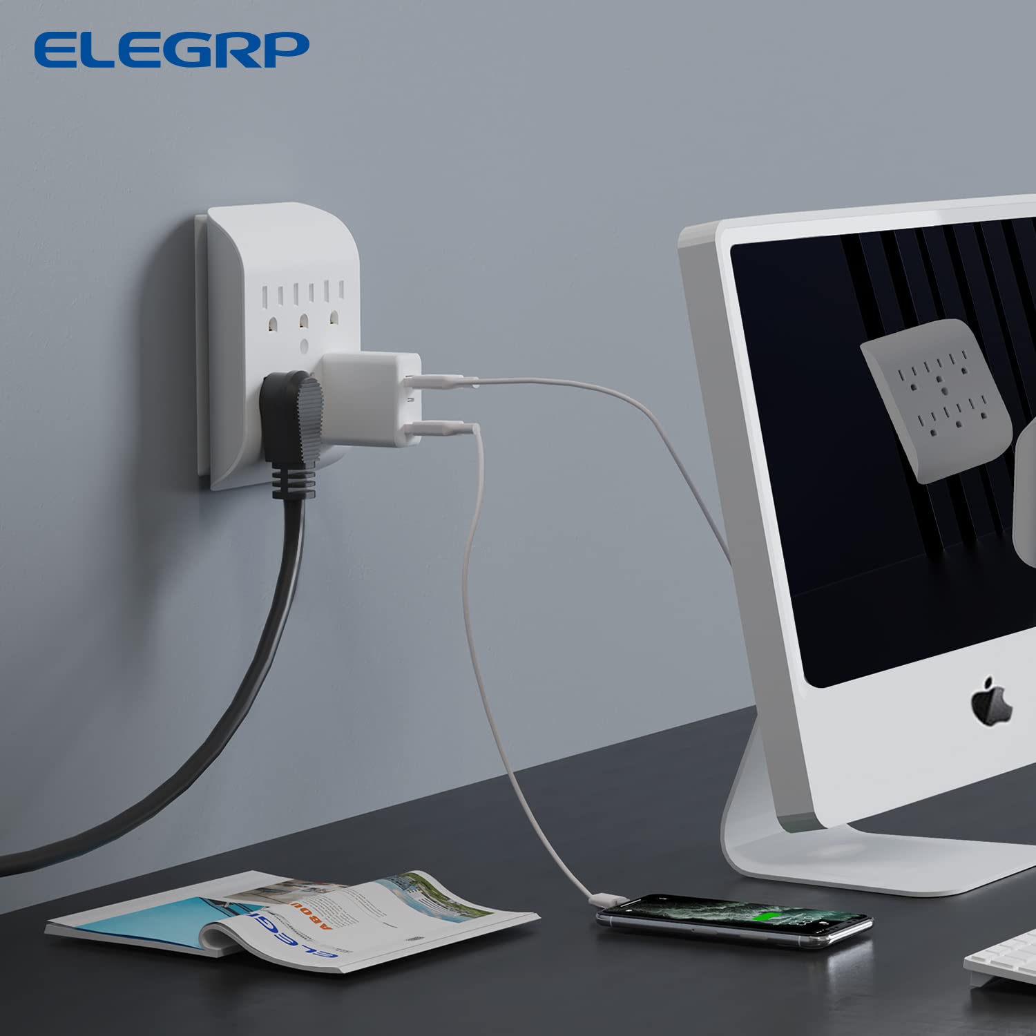 Elegrp 6 Outlet Extender With Central Anchor, 3 Prong Grounded Wall Tab, Multiple Outlet Extender With 6 Electrical Outlets, Etl