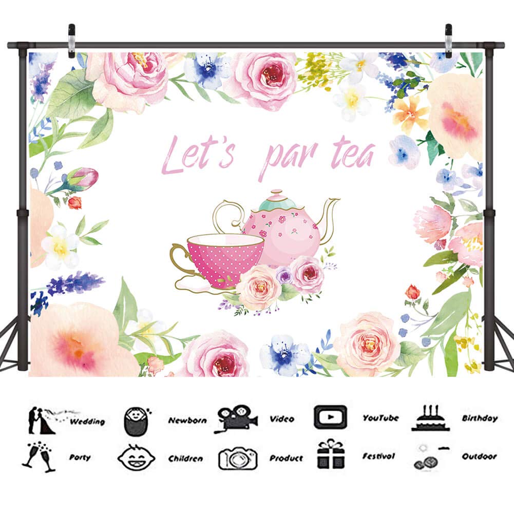 Let'S Par Tea Photography Backdrop 5X3Ft Tea Time Photo Background Teapot Teacups High Tea Theme Bridal Shower Engagement Bachelorette Baby Shower Party Supplies Photo Studio Props Decorations Banner