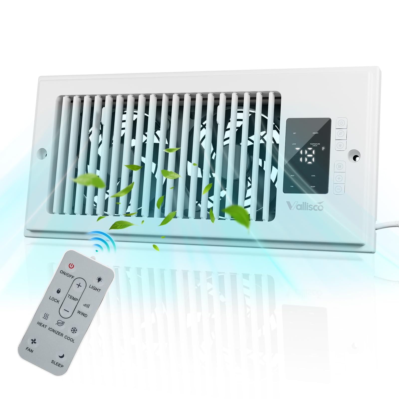 Vallisco Register Booster Fan 10 Speed Control With Negative Ion, Quiet Thermostat With Remote Control, Air Vent Fan Booster For
