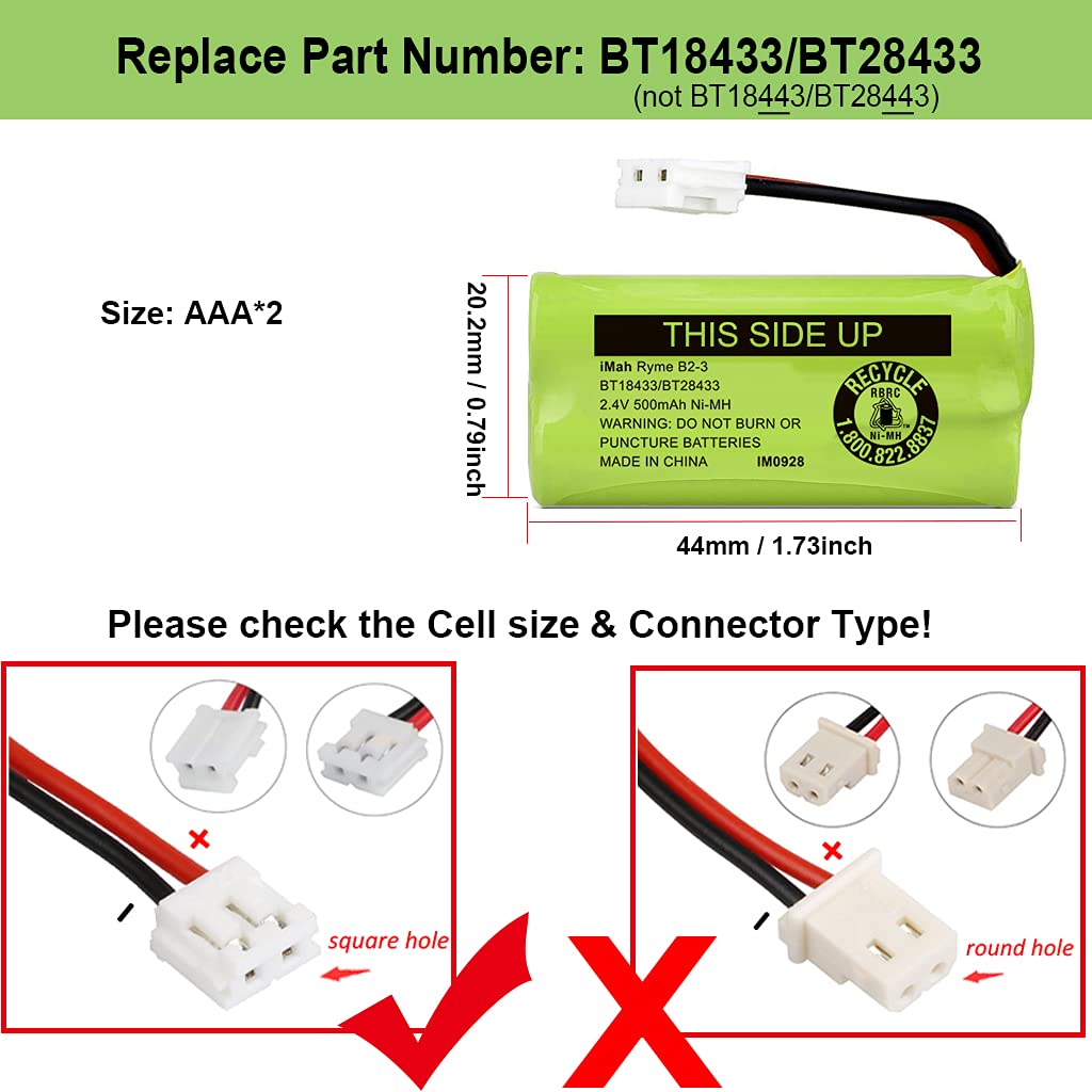 Imah Bt18433/Bt28433 2.4V 500Mah Ni Mh Cordless Phone Battery, Also Compatible With At&T Bt184342/Bt284342 Bt8300 Bt1011 Bt1018
