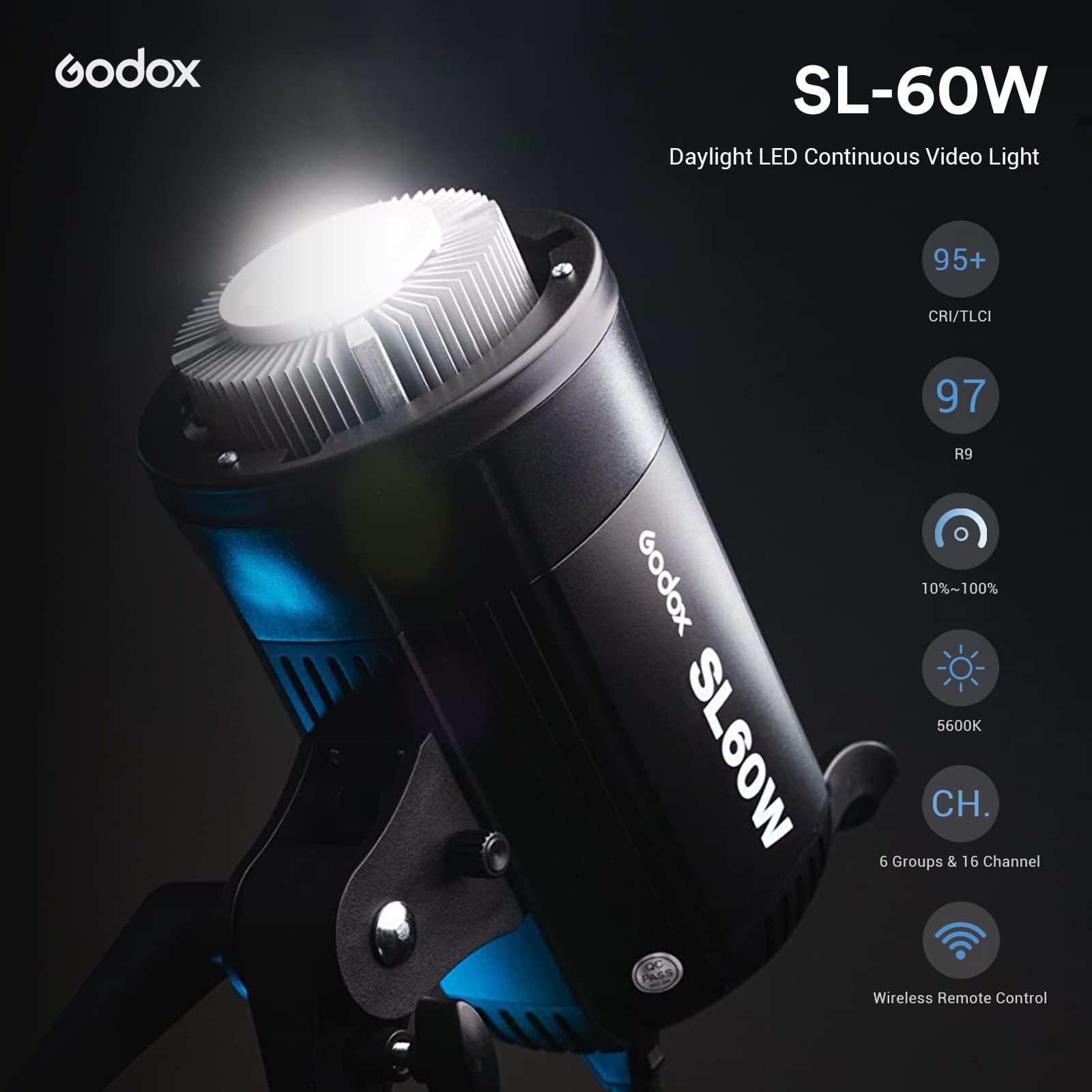 Godox Sl 60W Sl60W Cri95+Qa>90 5600300K Bowens Mount Led Video Light,433Mhz Grouping System,Wirelessly Adjust Brightness,For Vid