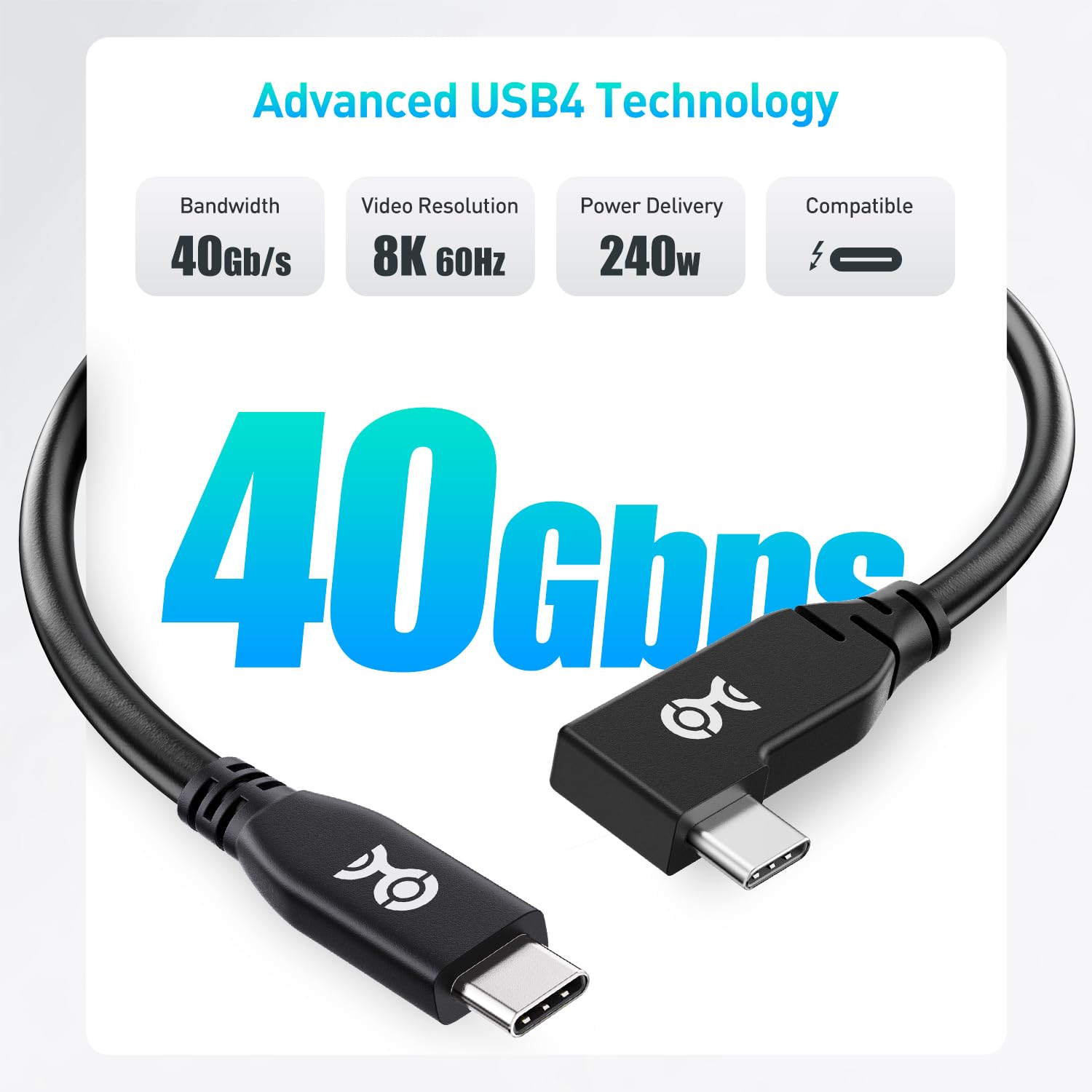 Cable Matters 40Gbps Right Angle USB 4 Cable 3.3 ft, Supports Up to [8K@60Hz / 4K@240Hz Video, 240W Charging, 40Gbps Data Transfer] USB4 Cable Right Angle, Compatible with Thunderbolt 4, MacBook, XPS