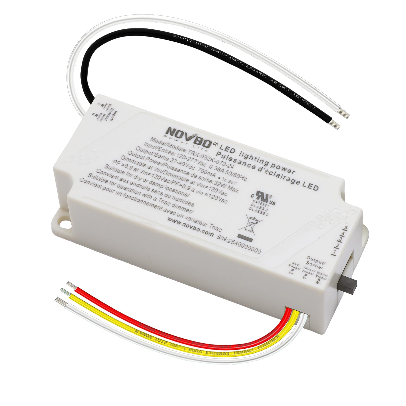 NOVBO TRIAC Dimmable LED Driver 32W 700mA 5CCT Constant Current Class 2 Power Supply AC 120-277V to DC 27-40V Transformer Flicke