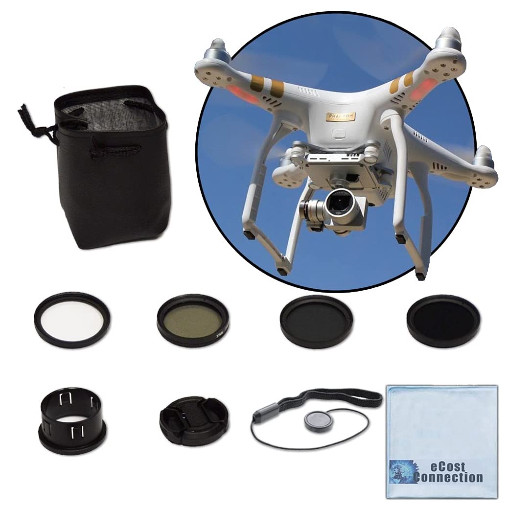 37MM Filter Kit for DJI Phantom 3 Series Drones. Kit Includes: CPL, ND4, ND8, UV, Lens Cap, Cap Keeper + eCostConnection Microfi