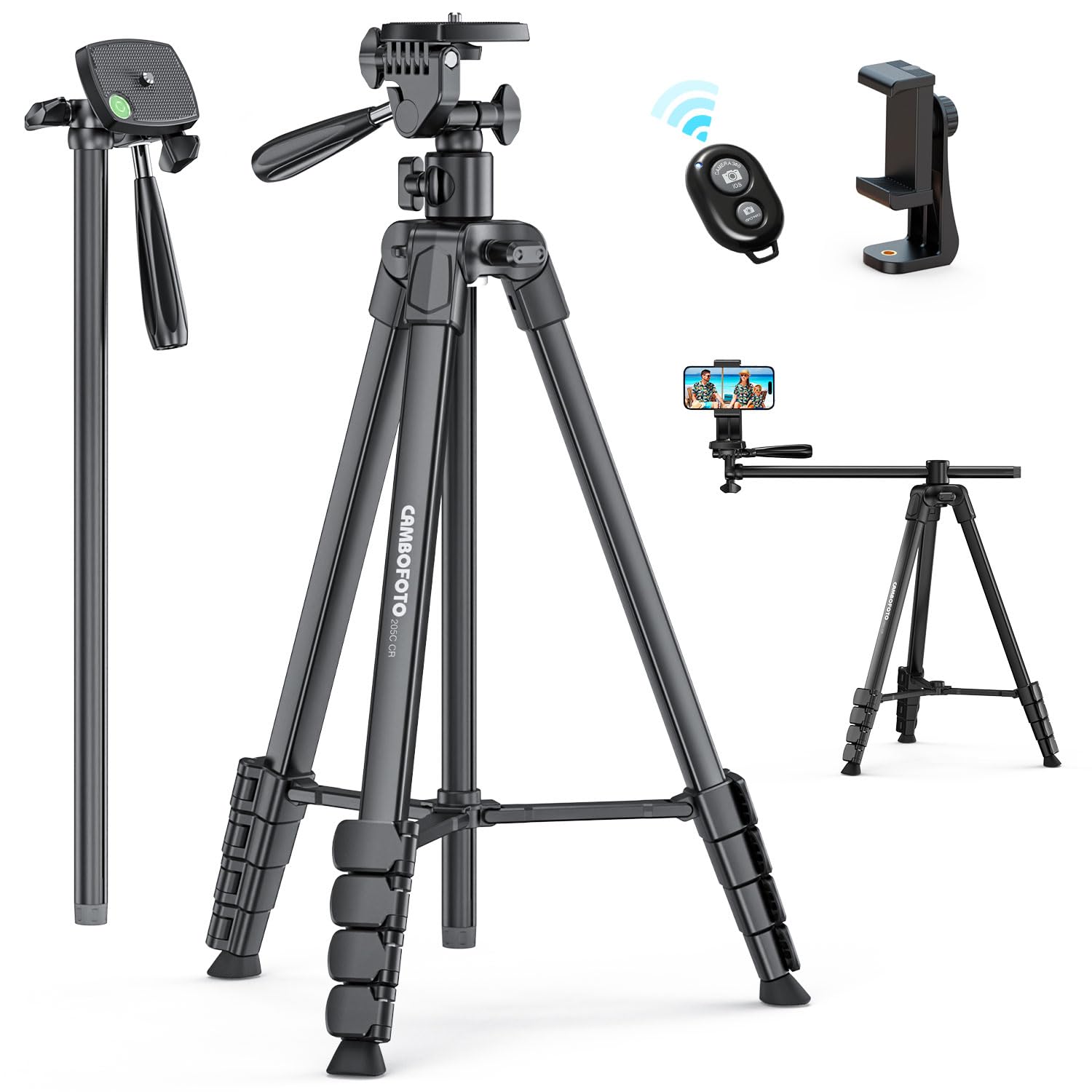 Cambofoto 73'' Phone Tripod With Horizontal Overhead, Selfie Stick/Tall Travel Tripod Stand With Wireless Remote And Iphone Hold
