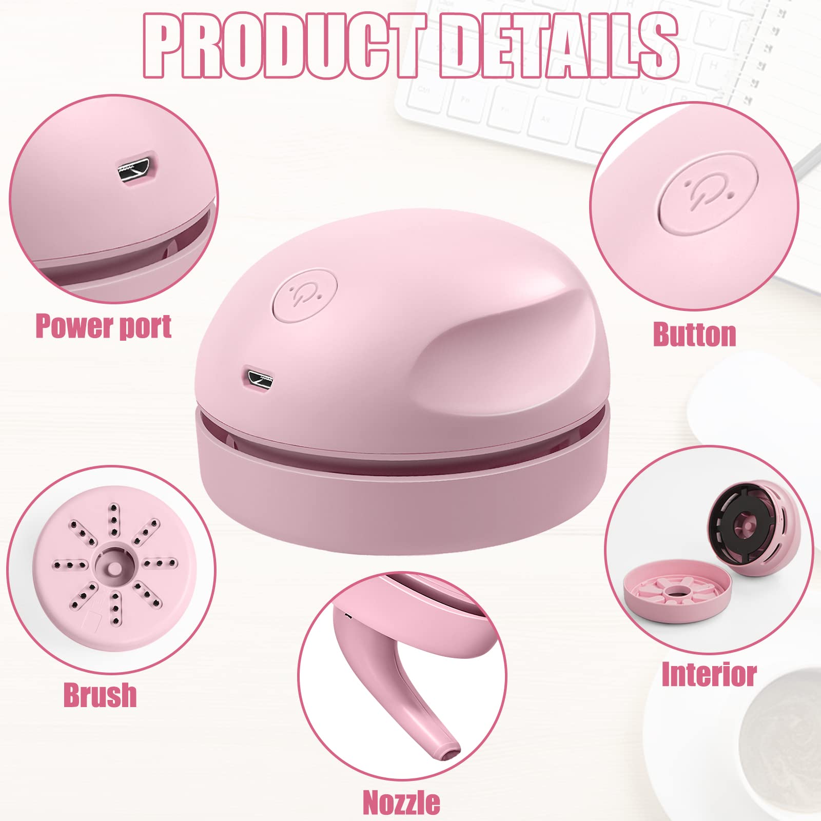 Prowithlin Portable Desktop Vacuum Cleaner, Usb Charging, Pink, Best For Cleaning Dust, Crumbs, Piano, Computer, Car Etc.