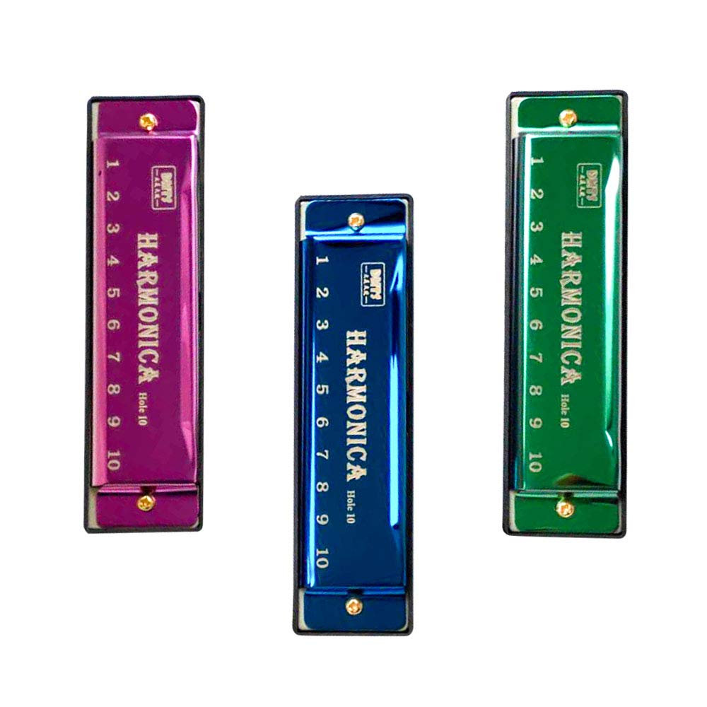 Yoksas 4Pcs Harmonicas Set C Key 10 Hole With Case Cleaning Cloth For Adults Beginner Students Kids(Green,Blue,Purple,Pink)