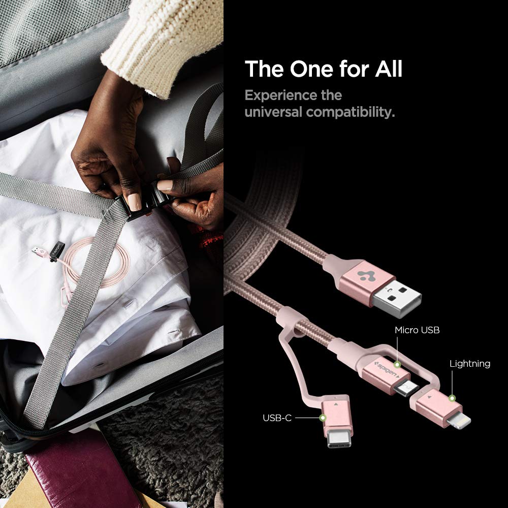 Spigen Durasync 3 In 1 Universal Charger Cable, Micro Usb/Lightning/Usb C Adapters [Mfi Certified], 4.9Ft Premium Braided Multi Charging Cable For Iphone 12/Pro/Max/Mini/Se/Ipad/Galaxy/Pixel & More