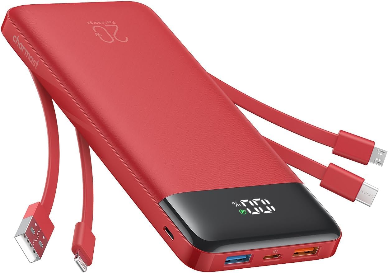 charmast 20000mAh Portable Charger with Built in Cables, 22.5W Travel Power Bank Fast Charging, USB C Cell Phone Battery Pack fo