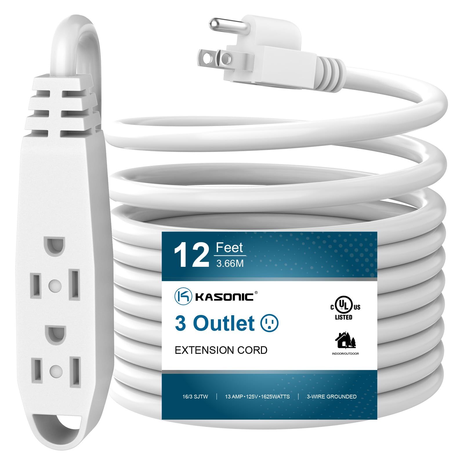 K Kasonic   12 Feet 3 Outlet Extension Cord, Ul Listed, 16/3 Sjtw 3 Wire Grounded, 13 Amp 125 V 1625 Watts, Multi Outlet Indoor/