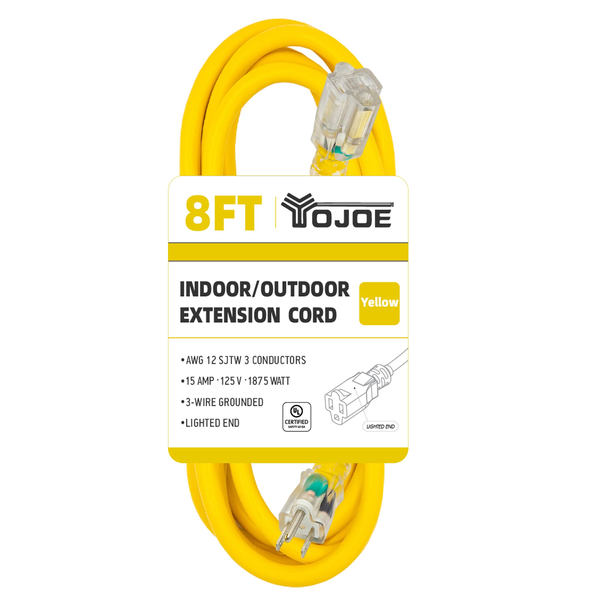 Yojoe Indoor Outdoor Extension Cord With Lighted End, 3 Prong 15A Weatherproof Power Extension Cord, 12 Gauge Heavy Duty 8 Ft Ye