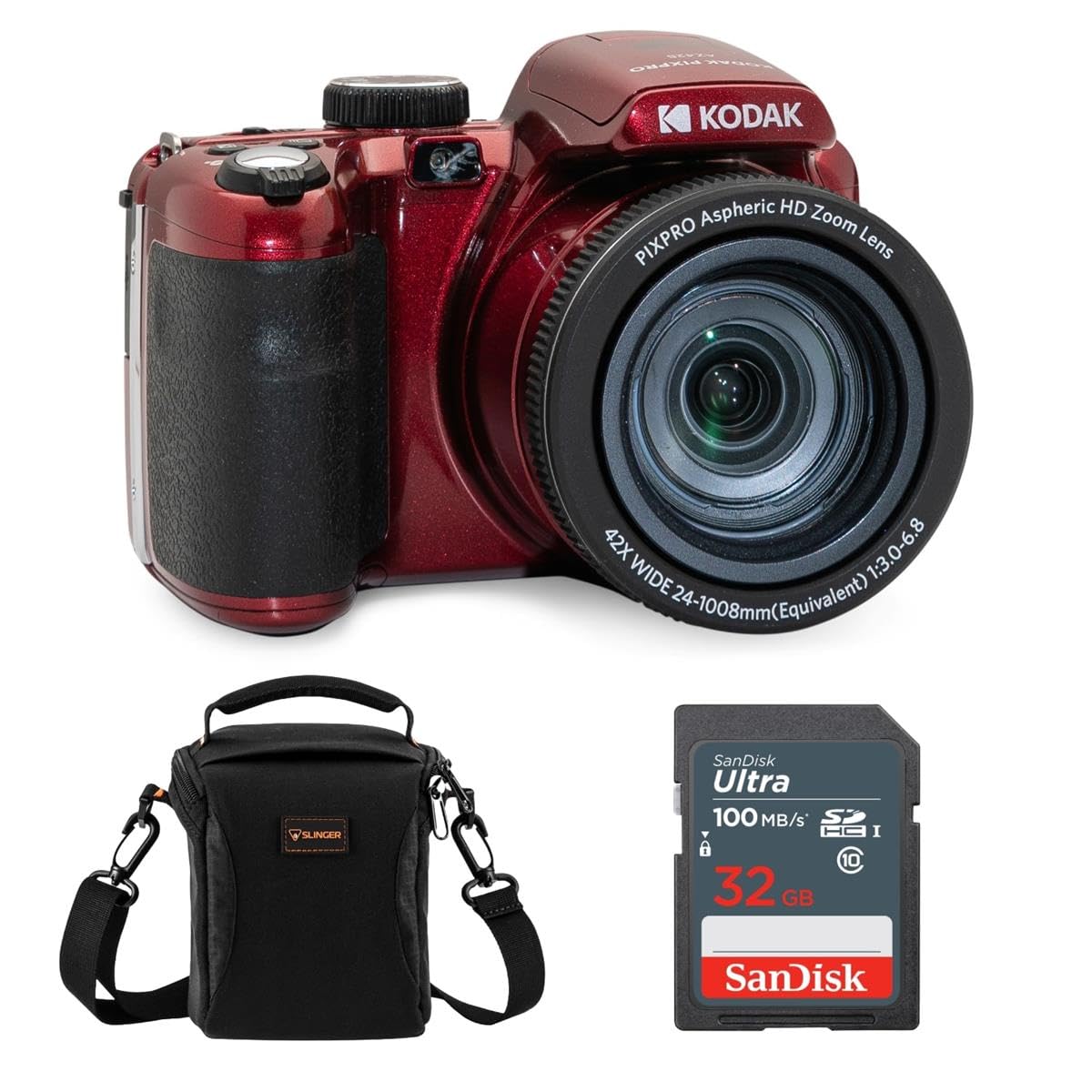 Kodak Pixpro Az425 Astro Zoom 20Mp Full Hd Digital Camera, Red, Bundle With 32Gb Memory Card And Camera Bag
