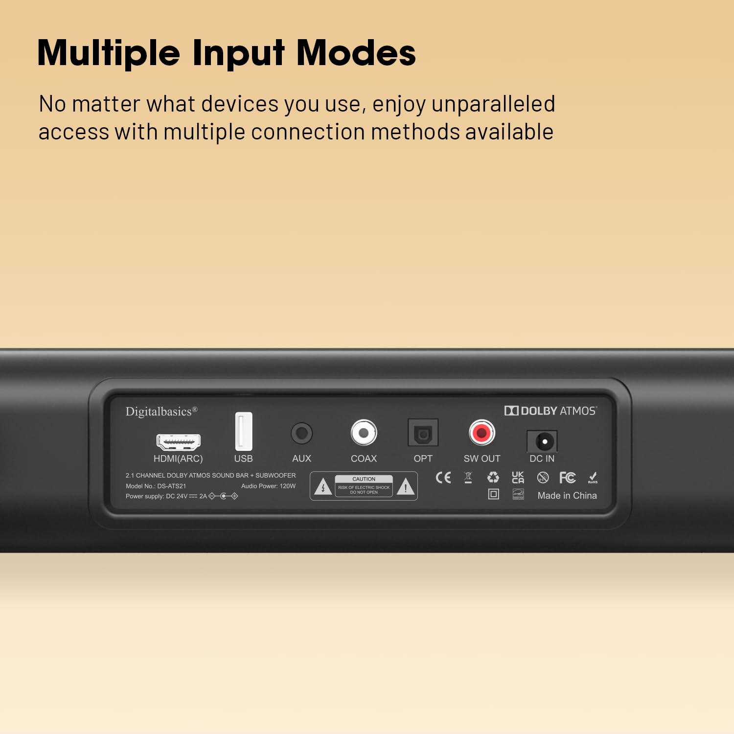 Digitalbasics 2.1Ch Dolby Atmos Tv Soundbar Speaker 5.3 Bluetooth 120W Output With 70W External Wired Subwoofer And Opt&Aux Cabl