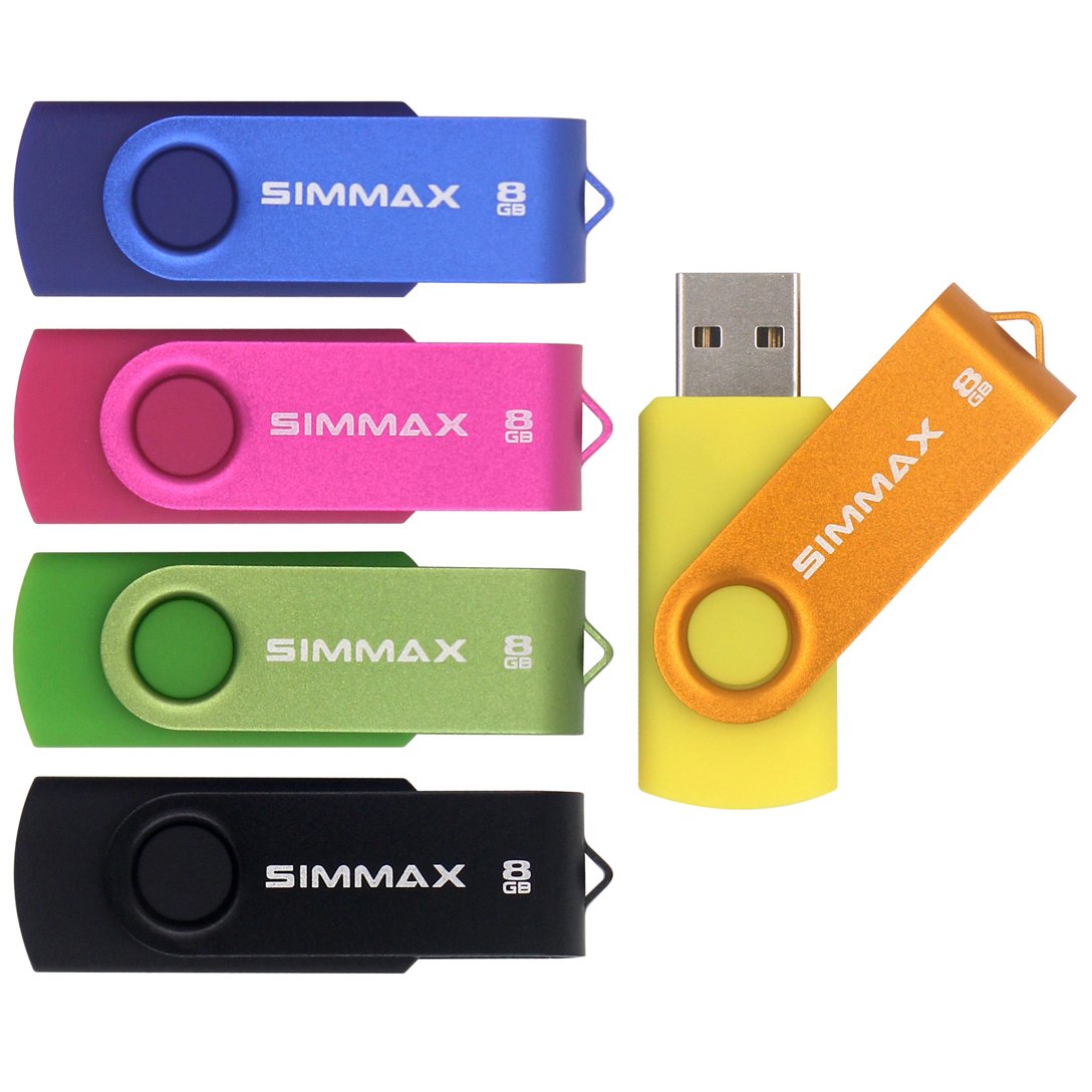 Simmax 5Pcs 8Gb Usb Flash Drive Usb 2.0 Flash Drive Memory Stick Fold Storage Thumb Stick Pen Swivel Design (Five Mixed Colors: Black Blue Green Gold Rose)(Mix Color2)