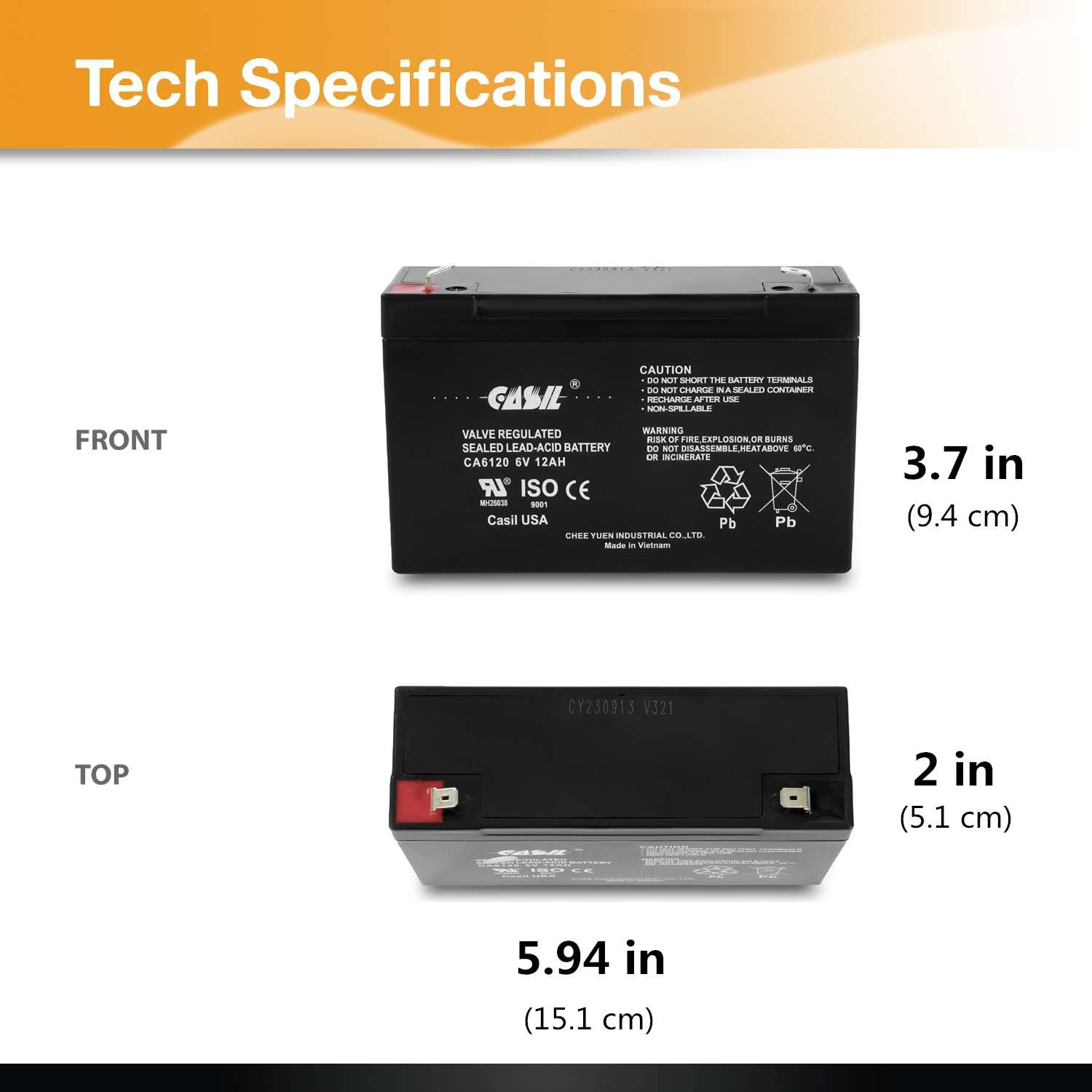 Casil 6V 12Ah Rechargeable Emergency Light Battery | Exit Sign Battery Replacement | Emergency Light Battery | 6V Sla Agm Deep C
