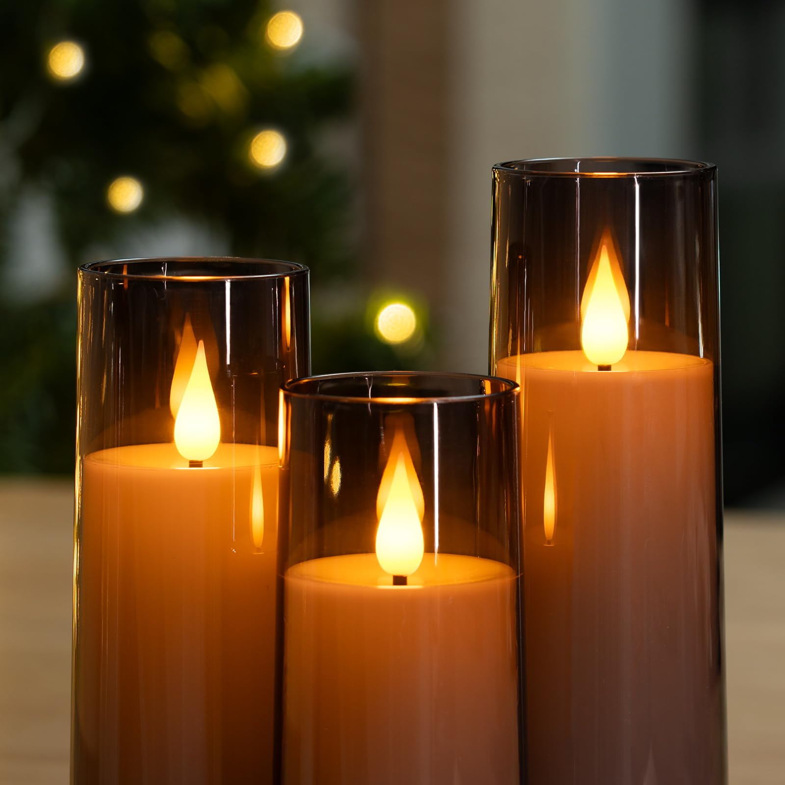 Amagic Grey Flameless Candles 9 Set, Battery Operated Candles With Remote Control And Timer, Flickering Led Pillar Candles For H