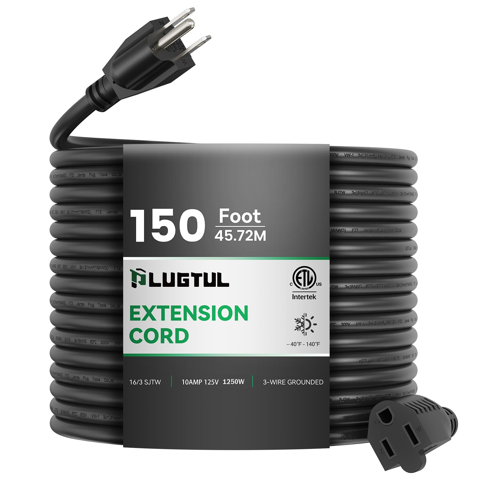 150 Ft Outdoor Extension Cord Waterproof, 16/3 Black Heavy Duty 3 Prong Extension Cord, 10A 1250W Sjtw, Etl Listed, Great For Ga