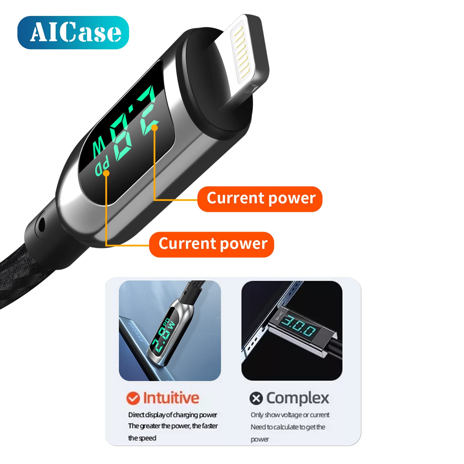 AICase USB C Auf Lightning Kabel, 1.2 m Lade synchroniser ungskabel mit LED Display, kompatibel mit iPhone 13 13 Pro 12 Pro Max 12 11 X XS XR 8 Plus, AirPods Pro, unterst�tzt Power Delivery (1.2 m)