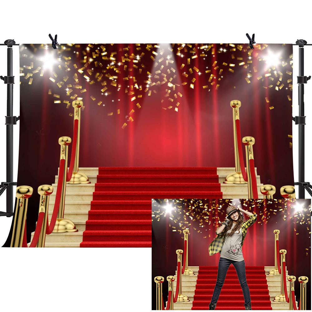 Mtmety 7X5Ft Red Curtain Background Red Carpet Stairs Props Vinyl Photography Video Backdrop Nanme853