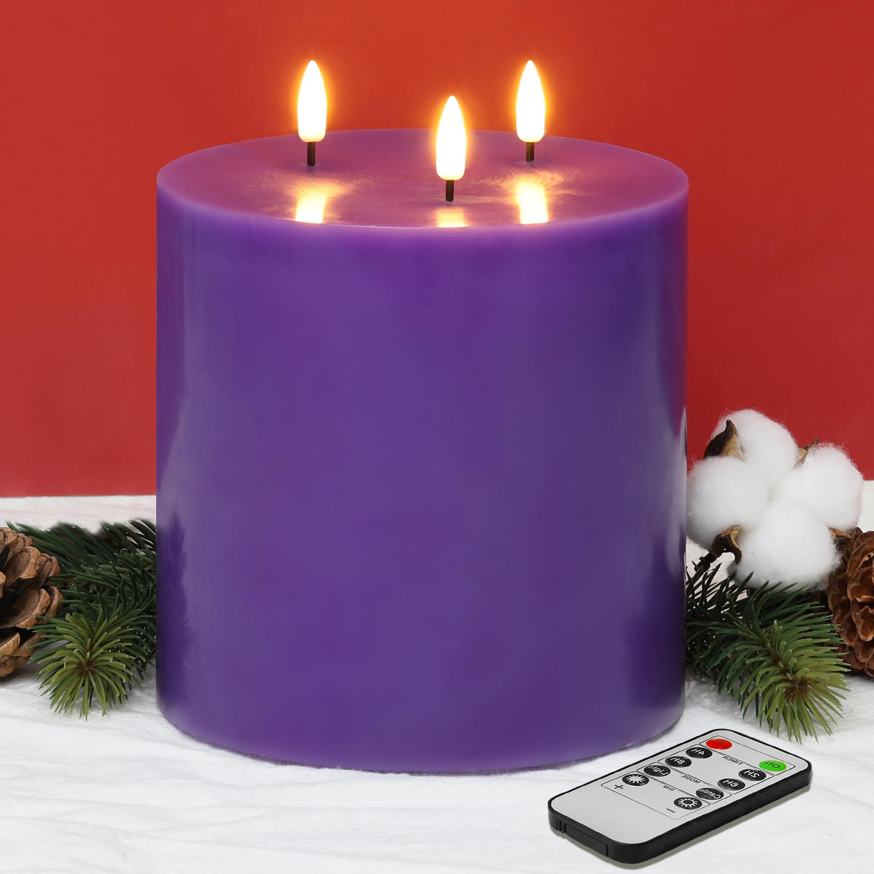 Eywamage 3 Wick Purple Flameless Candle With Remote, Real Wax Flickering Led Pillar Candle F 6'' H 6''