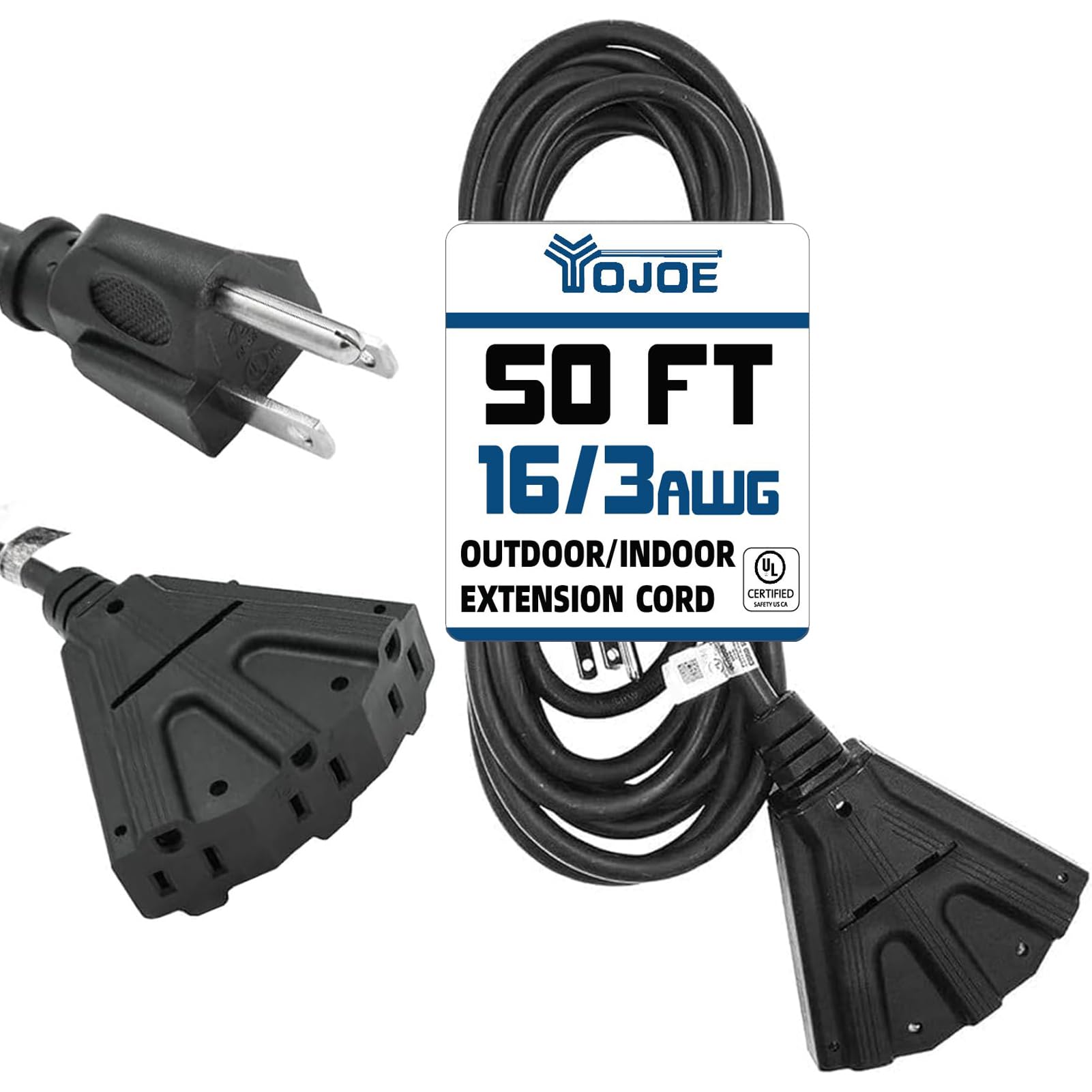 Yojoe 3 Outlets Indoor Outdoor Extension Cord, 3 Prong 13A Weatherproof Power Cord Multiple Outlets, 16 Gauge Heavy Duty 50 Ft B
