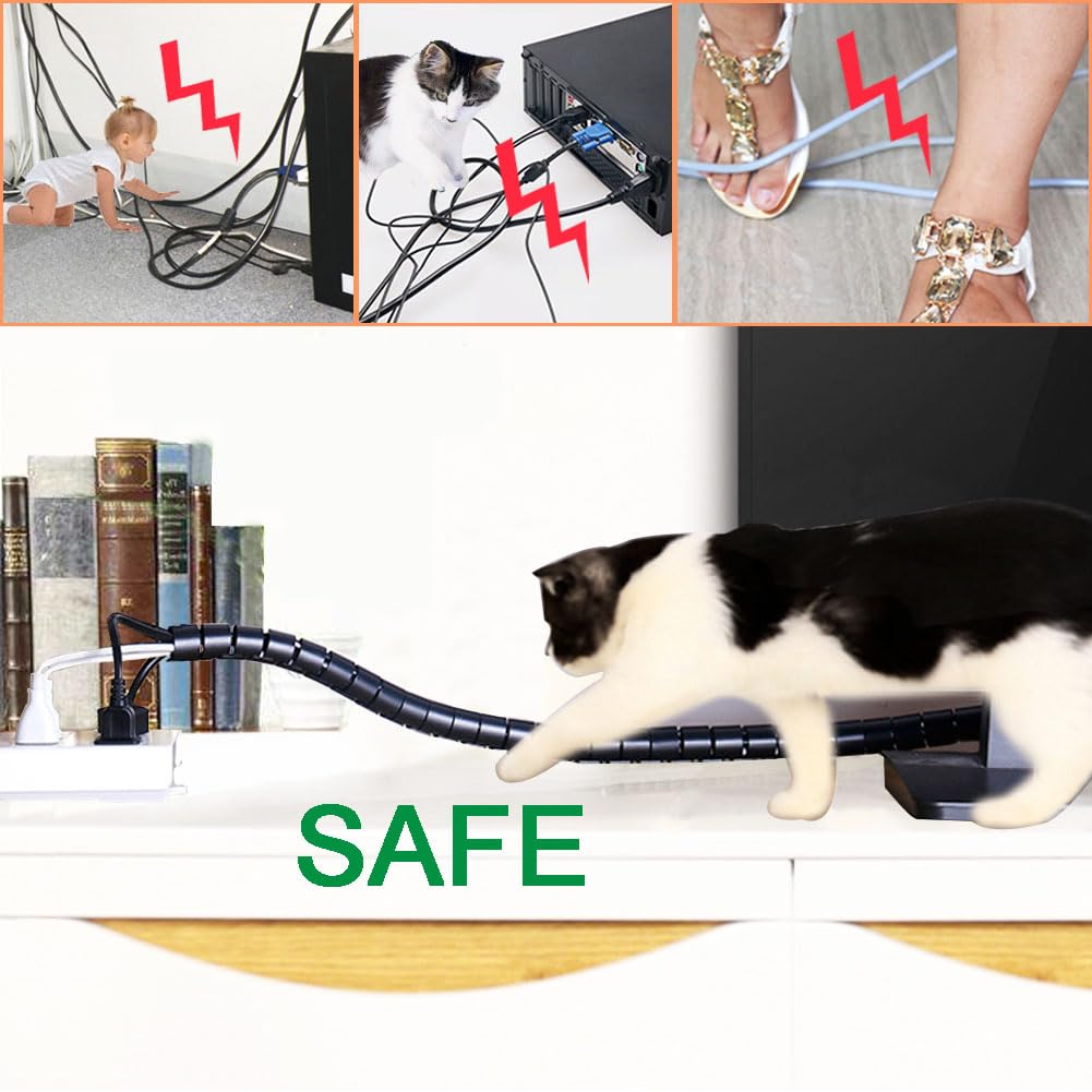 Fanoshon Large Pc Cable Management Tube Sleeve Under Desk Wire Organizer For Cords 2 Pcs Black, 1.1 Inch  5 Ft Ez Spiral Cable W