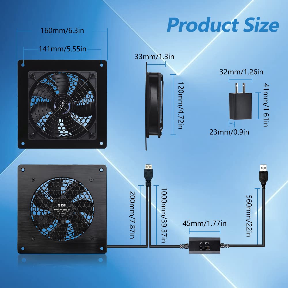 Scccf Usb Cabinet 120Mm Fan Quiet Cooling Fan System 6'' With Speed Control, For Home Theater Av Cabinets