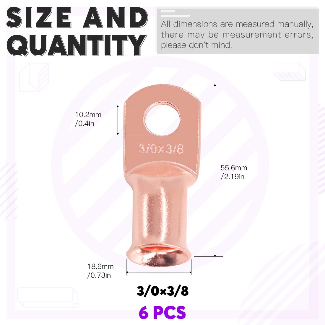 Swpeet 6Pcs 3/0 Awg   3/8'' (M10) Ring Terminals Ul Listed Copper Battery Cable Lugs Wire Lugs, Battery Cable Ends Bare Copper E