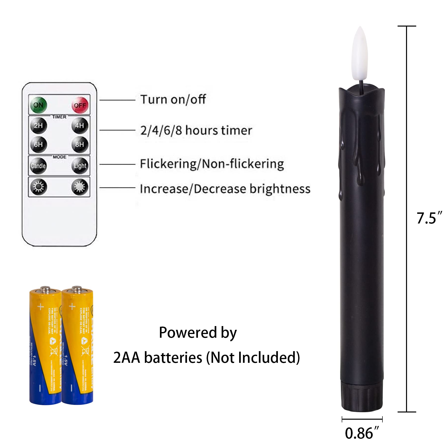 Mavandes Flameless Flickering Taper Candles Two Remote, 7.5 Inch Black Battery Operated Led Window Candles Timer,Set Of 8 Plasti