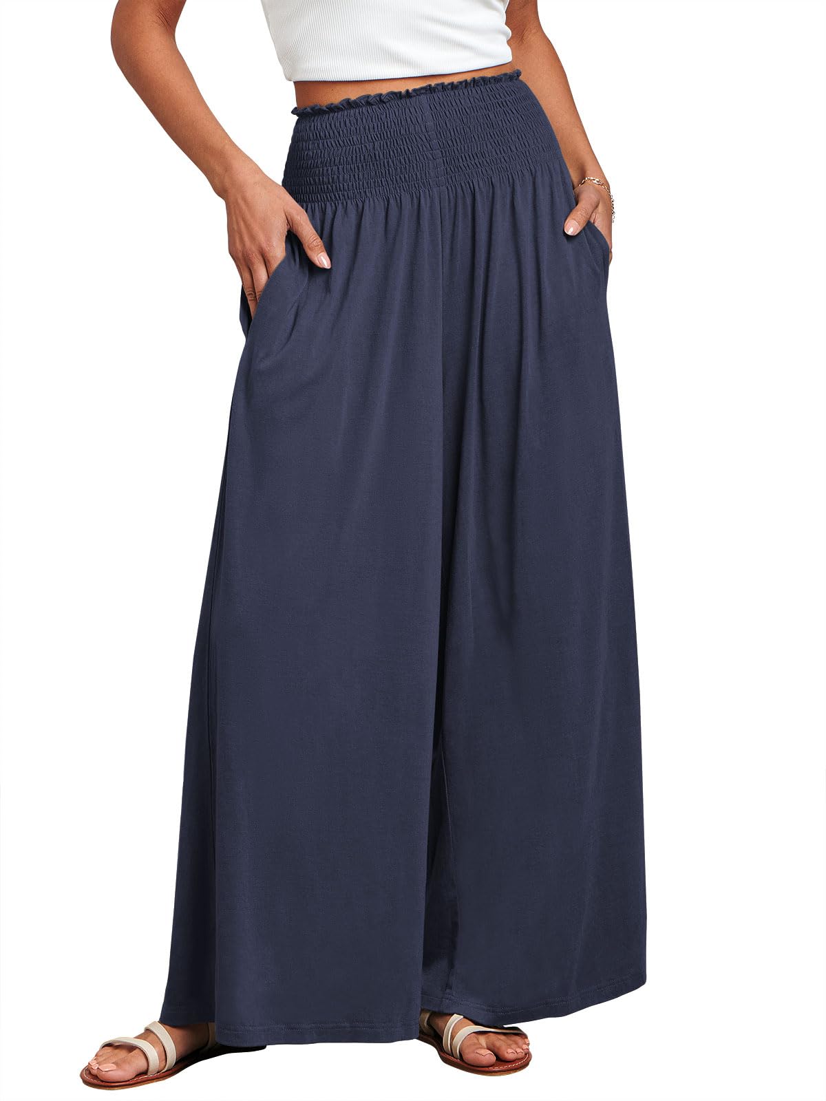 Anrabess Women Palazzo Pants Summer Boho Bagyy Wide Leg High Smocked Waist Casual Loose Lounge Pant With Pocket Deep Blue X Larg