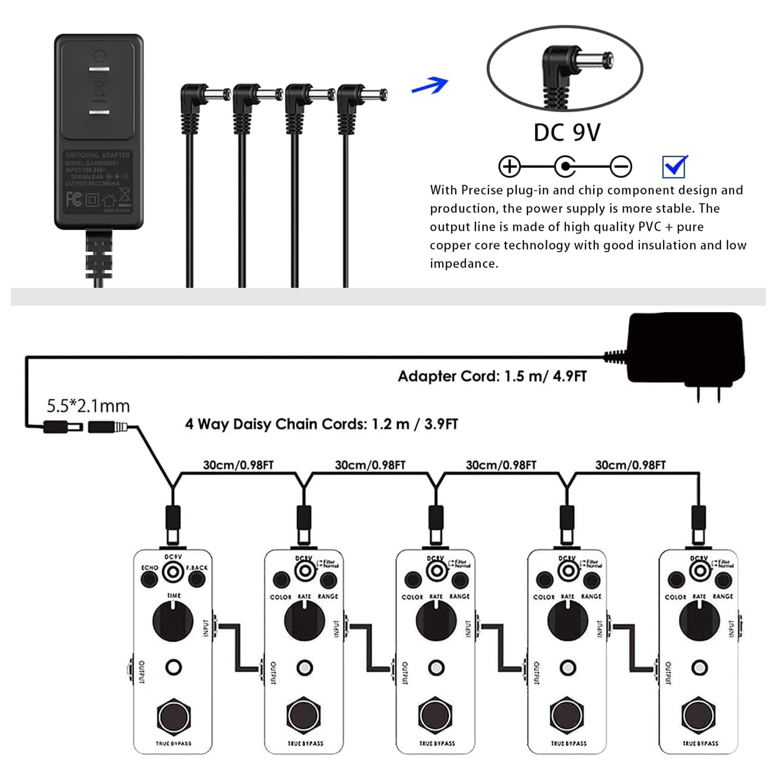 Aitone Dc 9V Guitar Pedal Power Supply Ac Adapter With 4 Way Daisy Chain Power Cord Cables For Pedal Keyboard Tip Negative 800Ma