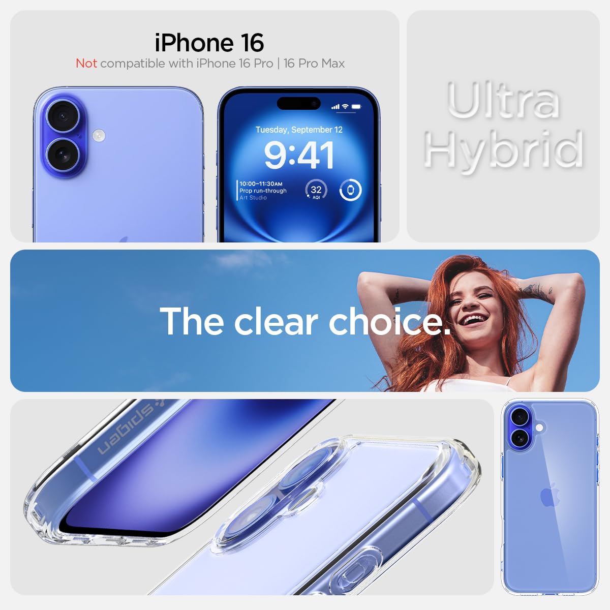 Spigen Ultra Hybrid Designed For Iphone 16 Case [Not Compatible With Magsafe], [Anti Yellowing], [Military Grade Protection]   C