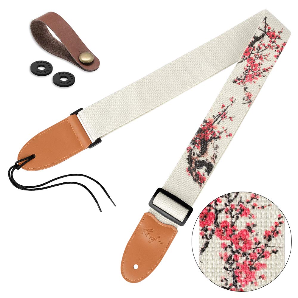Rinastore Acoustic Guitar Strap, Embroidered Straps With Real Leather Ends For Electric & Bass Guitars With Button & 2 Locks