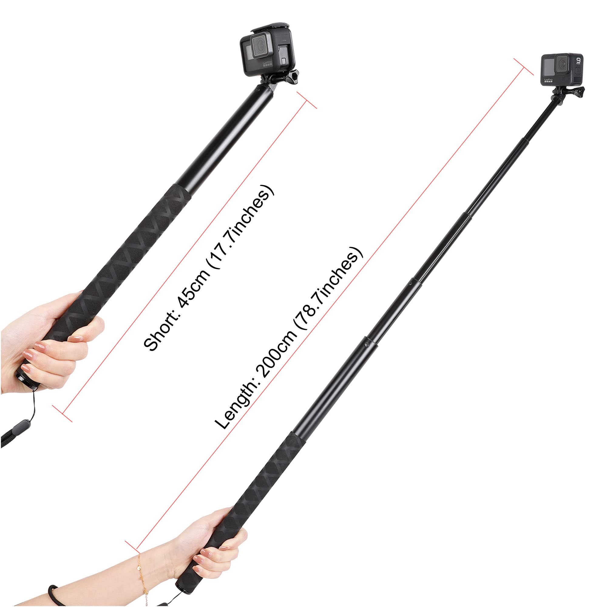 79Inch Long Selfie Stick For Gopro 13/12 11 10 9 8 7 6 5 Blcak 4 Silver Go Pro Max Session, Dji Osmo Action 5 4 3 2,Akaso,Insta360 One Rs R Cameras, 45 200Cm Extendable Pole Monopod