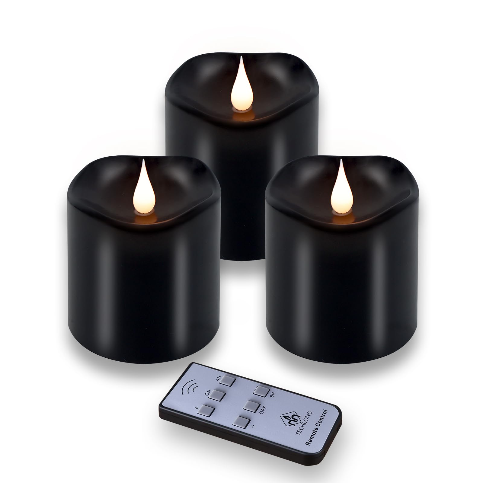 Techlong Black Flameless Candles, Halloween Candles Battery Operated With Remote Timer, 3D Moving Flame Flickering Last 600+ Hou
