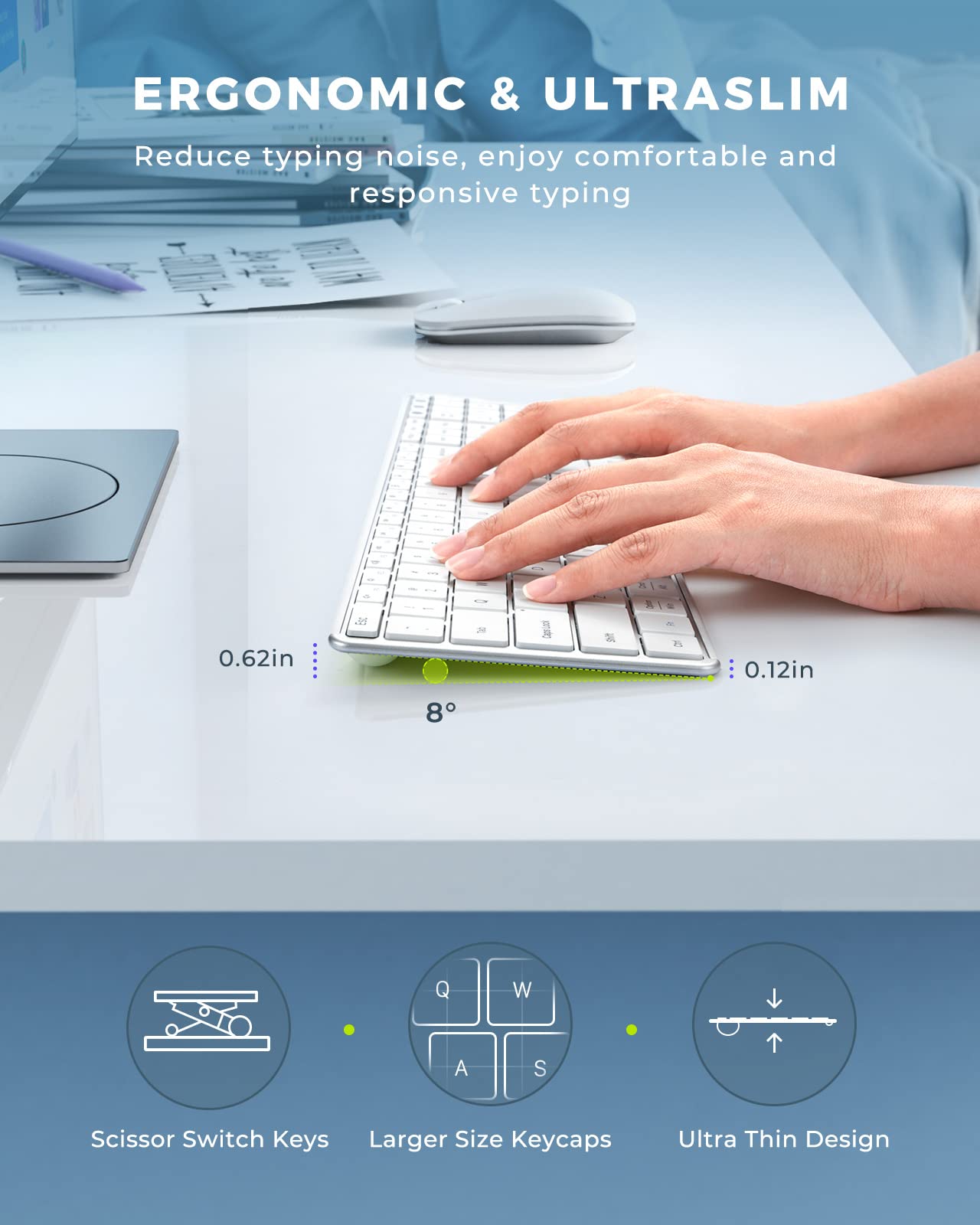 Wireless Bluetooth Keyboard And Mouse Combo (Usb + Dual Bt), Seenda Multi Device Rechargeable Slim Keyboard And Mouse, Compatible For Win 7/8/10, Macbook Pro/Air, Ipad, Tablet   White Silver