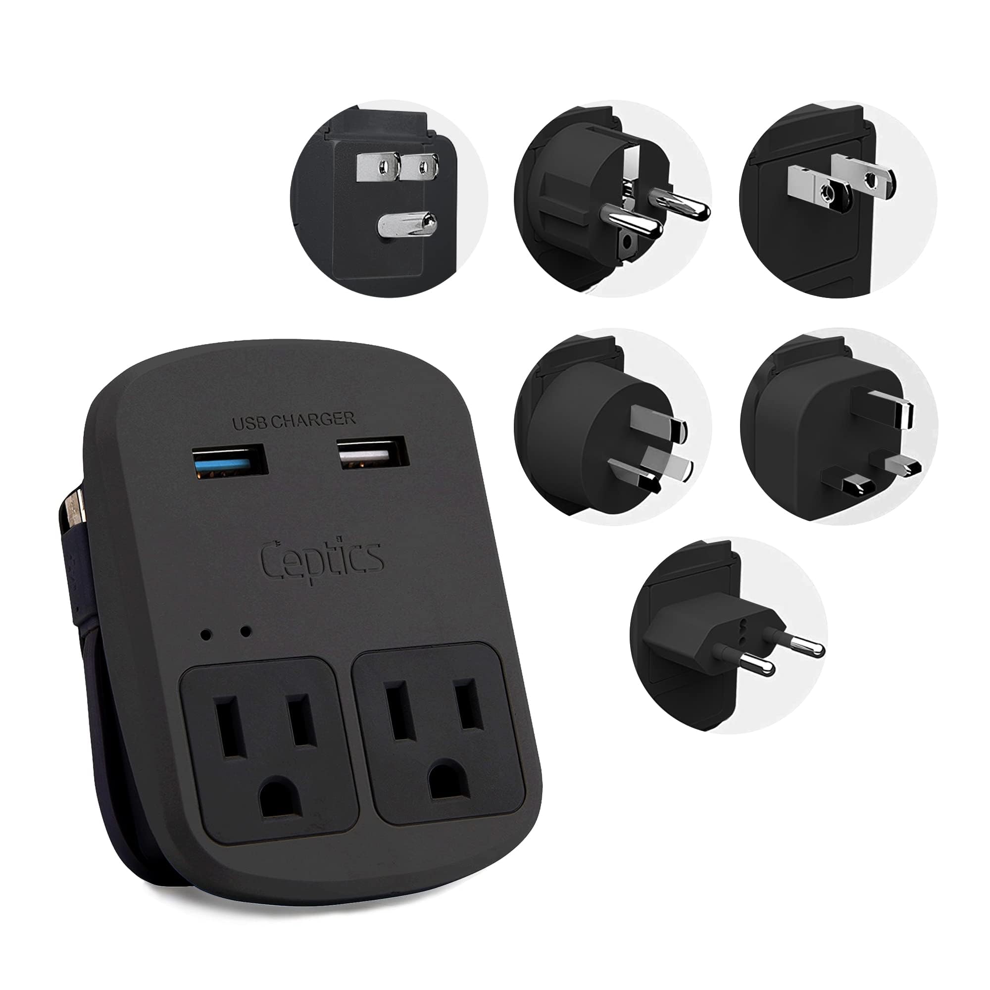 Ceptics World Travel Adapter Kit   Qc 3.0 Dual Usb + Dual Us Outlets, Surge Protection, Perfect For Europe, Uk, China, Australia