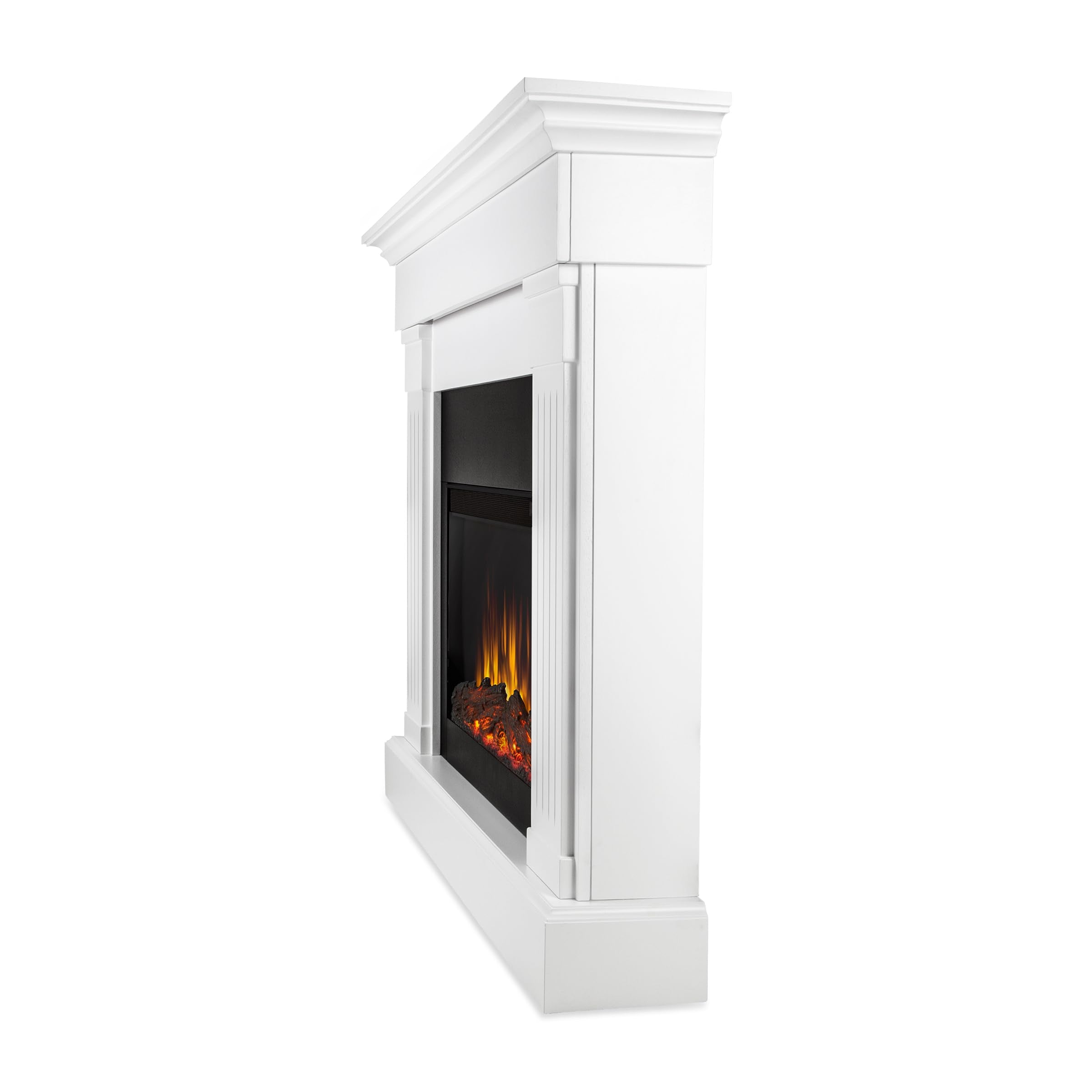 Real Flame Crawford Slim Indoor Electric Fireplace, White, Free Standing With Real Wood Mantel Finish   6 Flame Colors, Adjustab