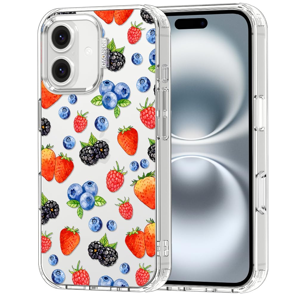 MOSNOVO for iPhone 16 Case, Shockproof Military-Grade Protection 6.6ft Drop Tested, Clear Phone Case for iPhone 16, Wild Berries