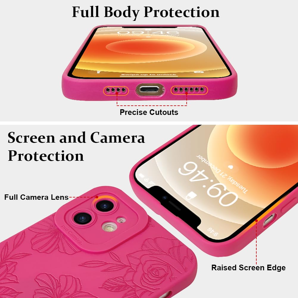 Lsl Case For Iphone 12 Hot Pink Floral Flower Pattern Print Case Soft Tpu Full Camera Lens Anti Drop Anti Scratch Shockproof Pro