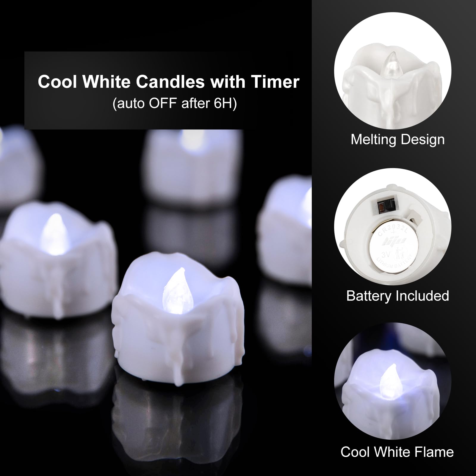 Windshell Cool White Flickering Flame Tea Lights With 6H Timer (No Remote), Melting Design, Battery Operated Led Flameless Teali
