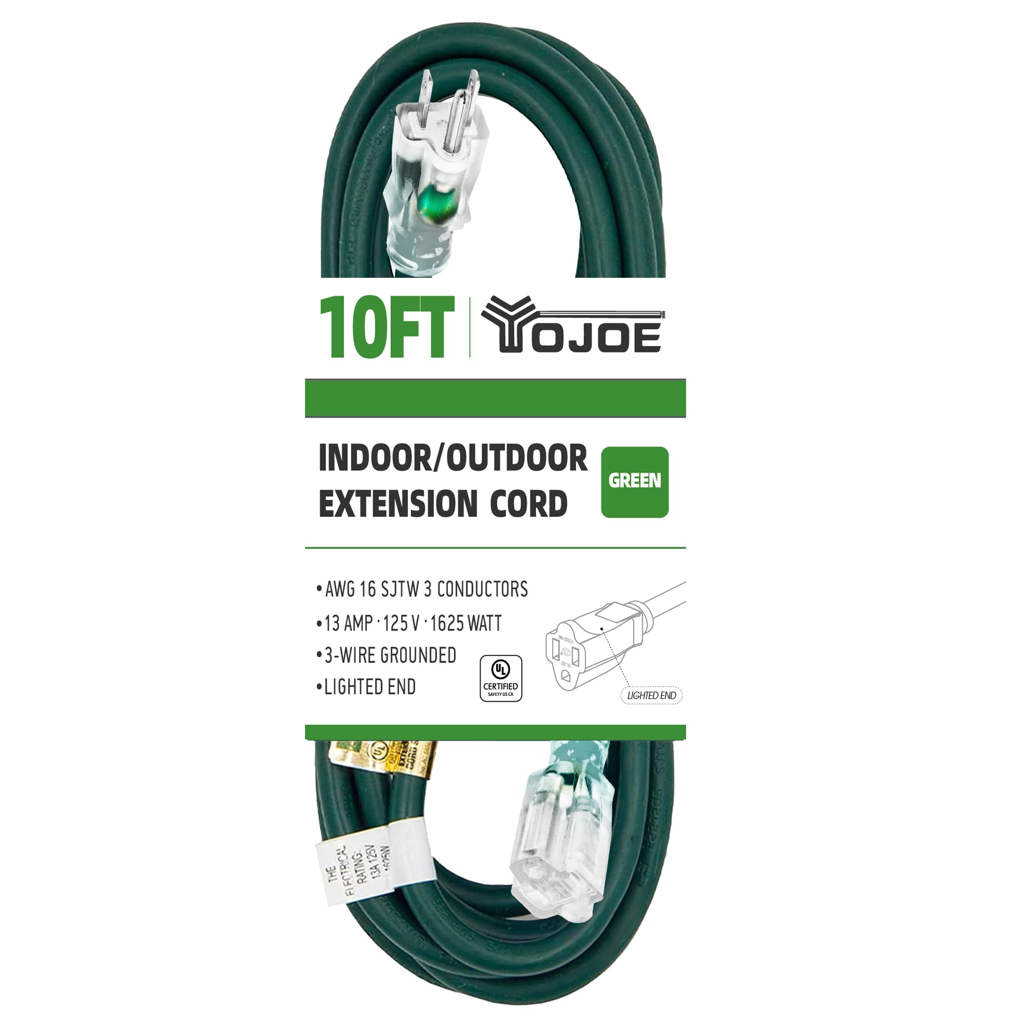 Yojoe Indoor Outdoor Extension Cord With Lighted End, 3 Prong 13A Weatherproof Power Extension Cord, 16 Gauge Heavy Duty 10 Ft G
