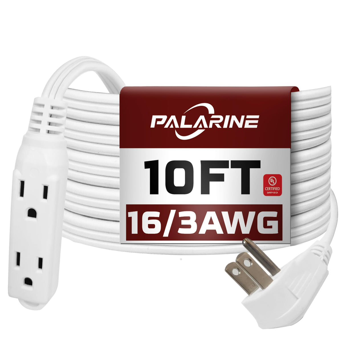 Palarine Flat Plug Extension Cord With 3 Outlets Extender, Flat Plug Power Strip, Indoor Extension Cord 16 Gauge 10Ft White 3 Pr