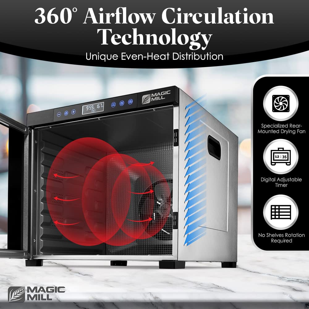 Magic Mill Food Dehydrator Machine | 11 Stainless Steel Trays | Adjustable Timer And Temperature Control | Jerky, Herb, Meat, Be