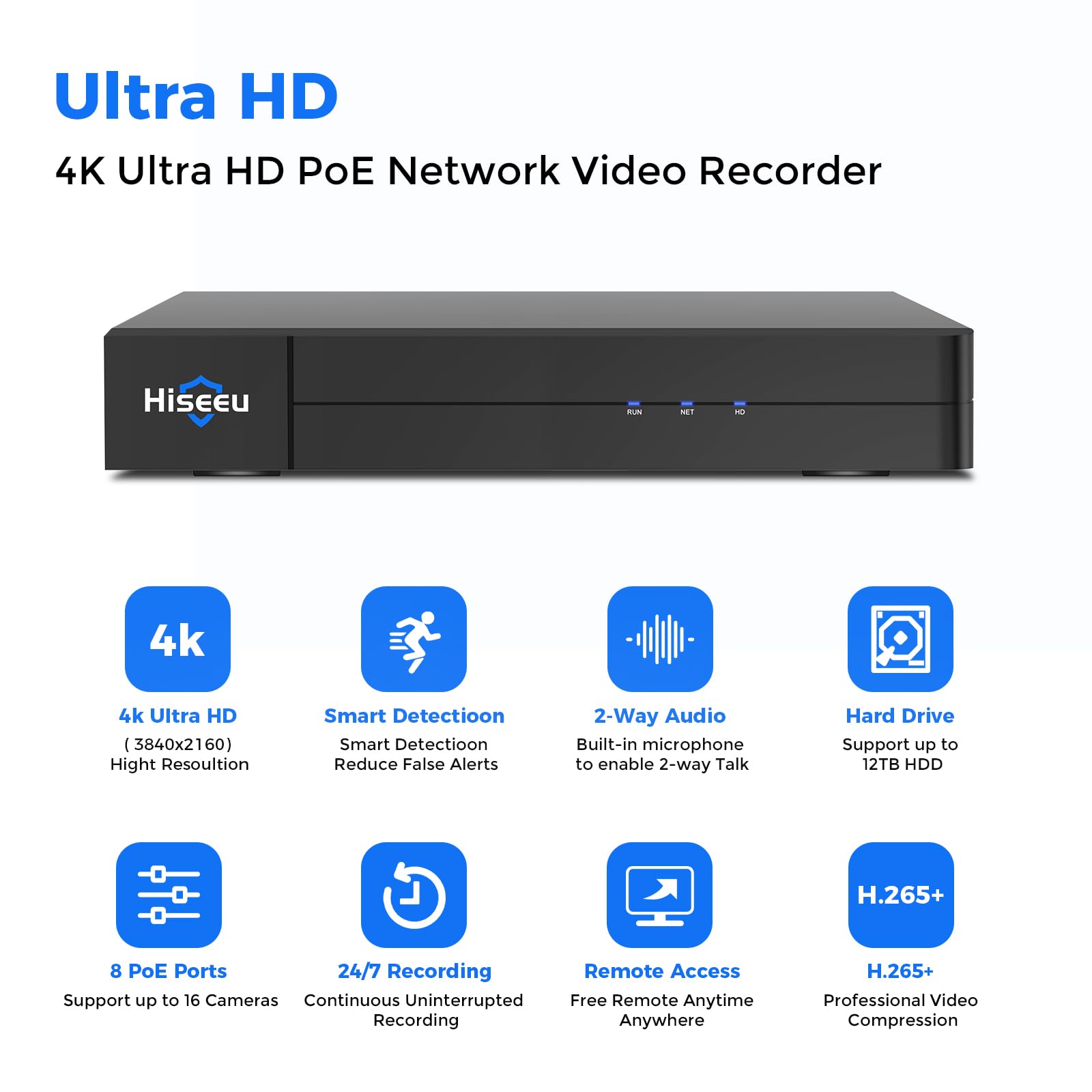 ?16 Channel Extendable?Hiseeu 8 Port 4K Poe Network Video Recorder Nvr, Support 4K/2K/8Mp/5Mp/3Mp/1080P Poe Camera, Free Remote