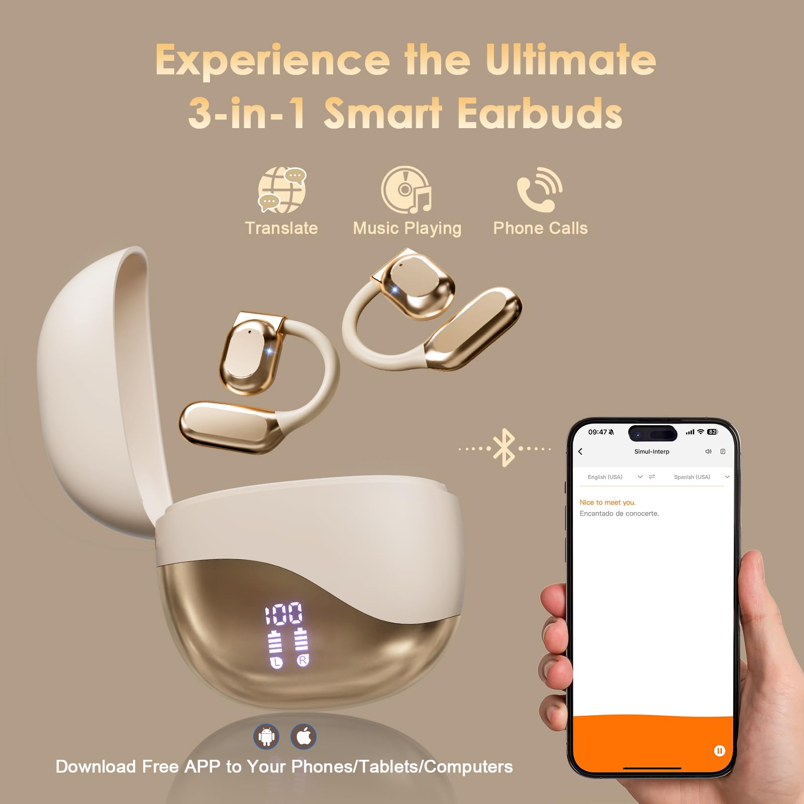 Ai Translation Earbuds Real Time For Iphone And Android, 144 Language Translator Earbuds 3-In-1 Translation Headphones Translati